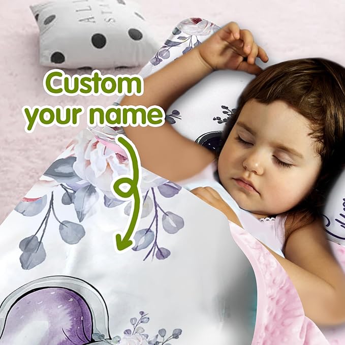 Custom Toddler Nap Mat for Preschool, Personalized Name Purple Flower Elephant Kids Sleeping Bag for Daycare, Roll Up Sleeping Mat with Removable Pillow and Soft Dot Minky Blanke for Girls Camping