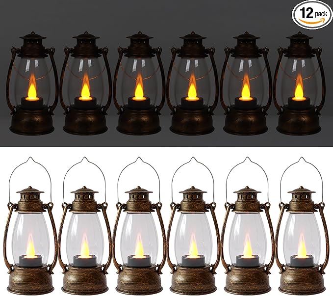LLQ 12 Pack Vintage Decorative Lanterns, Mini Candle Lantern Decorative LED Candle Holders with Flameless Candles for Wedding Table Centerpieces, Christmas Party Outdoor Decorations, Brown