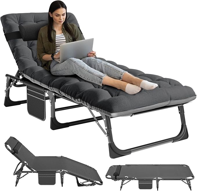 NAIZEA Folding Camping Cots,Adjustable 4-Gear Sleeping Cots for Adults,Foldable Cot Bed, Folding Chaise Lounge Chair,Portable Reclining Chair for Beach Lawn Camping Pool,Sunbathing Chairs