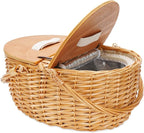ZORMY 15" Cooler Picnic Basket with Blanket, Wooden Split Lid Picnic Basket, Vintage-Style Wicker Picnic Hamper with Folding Woven Handle for Picnic, Camping