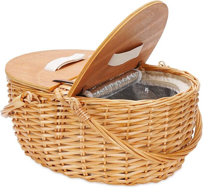 ZORMY 15" Cooler Picnic Basket with Blanket, Wooden Split Lid Picnic Basket, Vintage-Style Wicker Picnic Hamper with Folding Woven Handle for Picnic, Camping