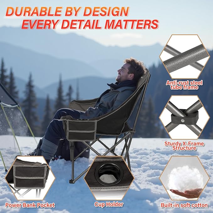 CAMPHILL Heated Camping Chairs,Oversized Padded Heating Lawn Chair with Cup Holder,Wide&Thick,Heavy Duty Folding for Patio,Tailgates,and Sports,Battery NOT Included,Black