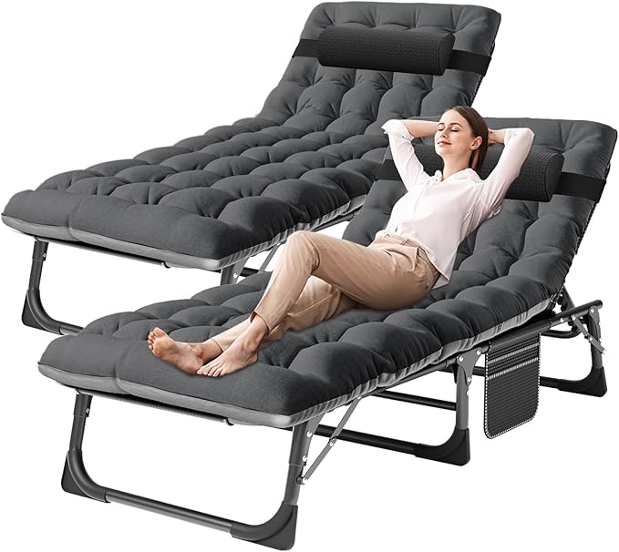 DoCred Folding Lounge Chair with Mattress, 5 Position Adjustable Folding Sleeping Bed Cot Chaise Lounge Chairs Perfect for Sunbathing, Camping, Pool, Beach, Patio
