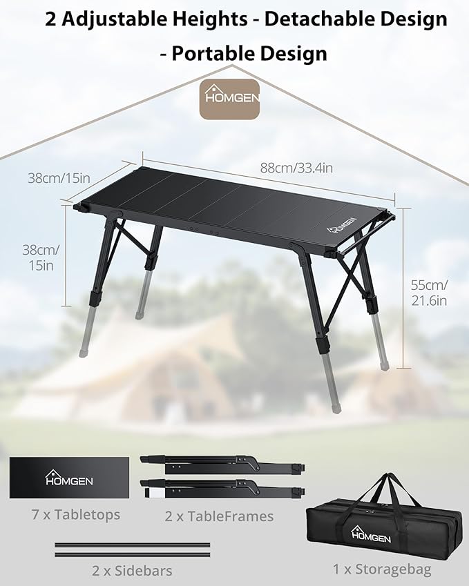 HOMGEN Portable IGT Camping Table Folding-3.5 Unit Modular Table with Adjustable Height 15-21.6 Inches-Standard IGT 0.5 Unit Size-Aluminum Alloy for Camping/Picnic/Barbecue/RV Trip(Side Bars Included)