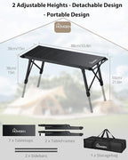 HOMGEN Portable IGT Camping Table Folding-3.5 Unit Modular Table with Adjustable Height 15-21.6 Inches-Standard IGT 0.5 Unit Size-Aluminum Alloy for Camping/Picnic/Barbecue/RV Trip(Side Bars Included)