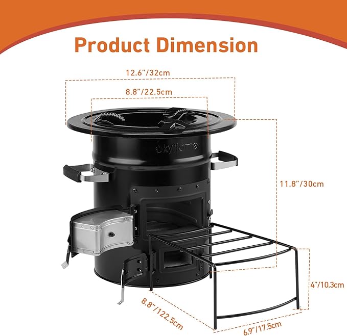 Skyflame Wood Burning Rocket Stove, Portable Camping Stove for Outdoor Cooking, Backpacking, RV and Survival, Essentials Camping Gear - Black