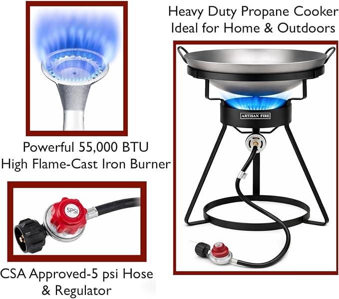 Outdoor Cooker Stove with Iron Wok-Propane Grill-55,000 BTU High Pressure Propane Burner-Ideal for Backyard BBQ, Camp Stove