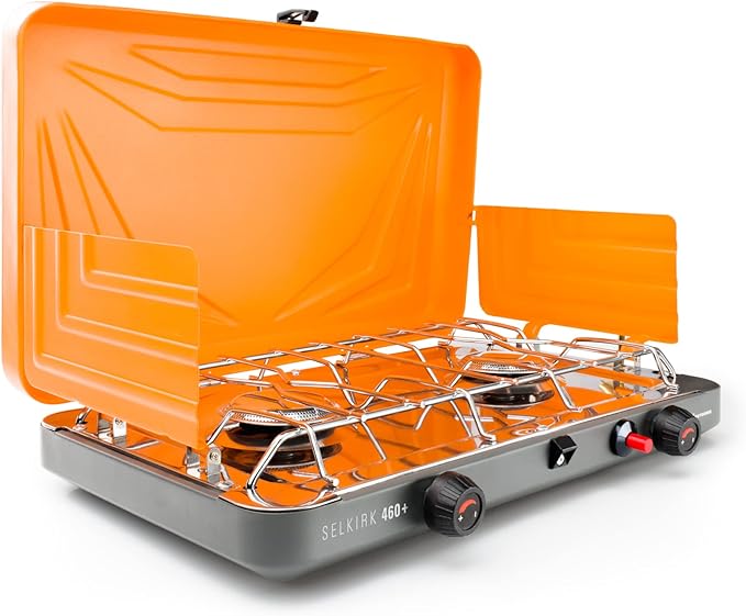 GSI Outdoors Selkirk 460+, Portable Outdoor Camping Stove, 2-Burner Propane Grill, 14,000 BTU High-Output Adjustable Burners, Integrated Igniter and Wind Guards