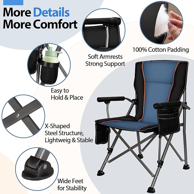 Heated Camping Chair with 20,000 mAh Battery, Loog-Lasting for 500 Mins, Fully Padded Heated Camp Chairs, Heavy Duty Folding Chairs Supports 500 lbs for Winter Camping, Picnics, Tailgating, RV Travel