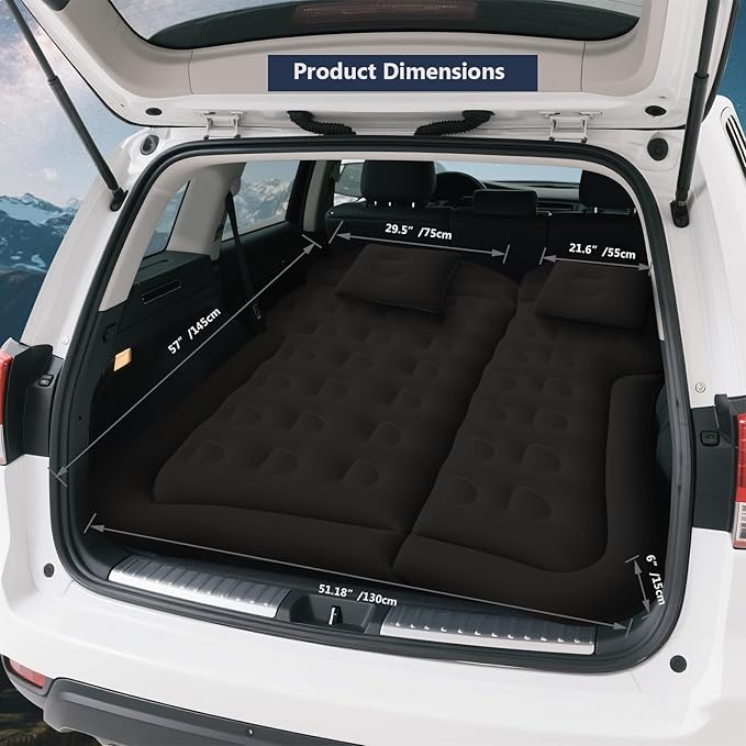 SUV Air Mattress for Camping, Air Mattress for Car Compatible with SUV, Camping Bed with Pump, Inflatable Sleeping Pad for Car Backseat, Truck Travel Bed for Road Trip (Black)