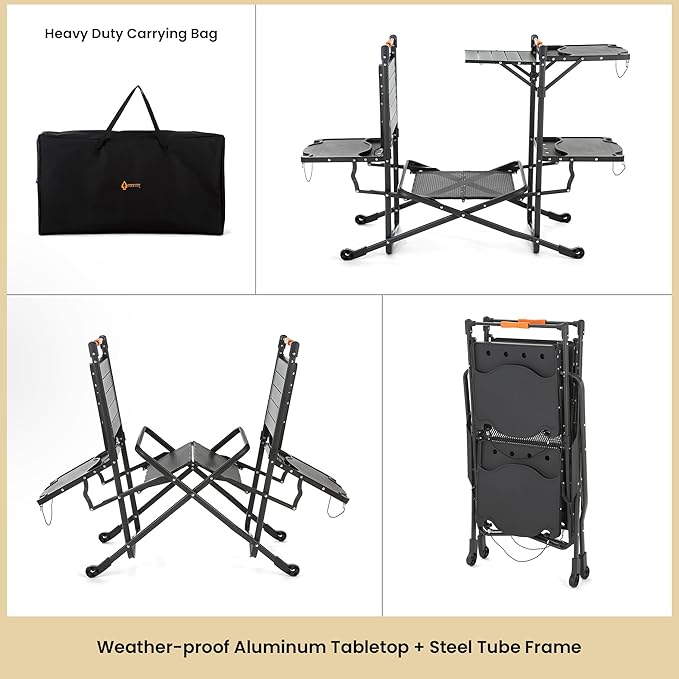 ARROWHEAD OUTDOOR 54" Wide Quick Folding Kitchen Station with Add-on Windscreen, 4 Side Tables, Aluminum Tabletop, Tool-Hanging Cord, 154 LBS Max Weight Load, for Patio BBQ and Camping