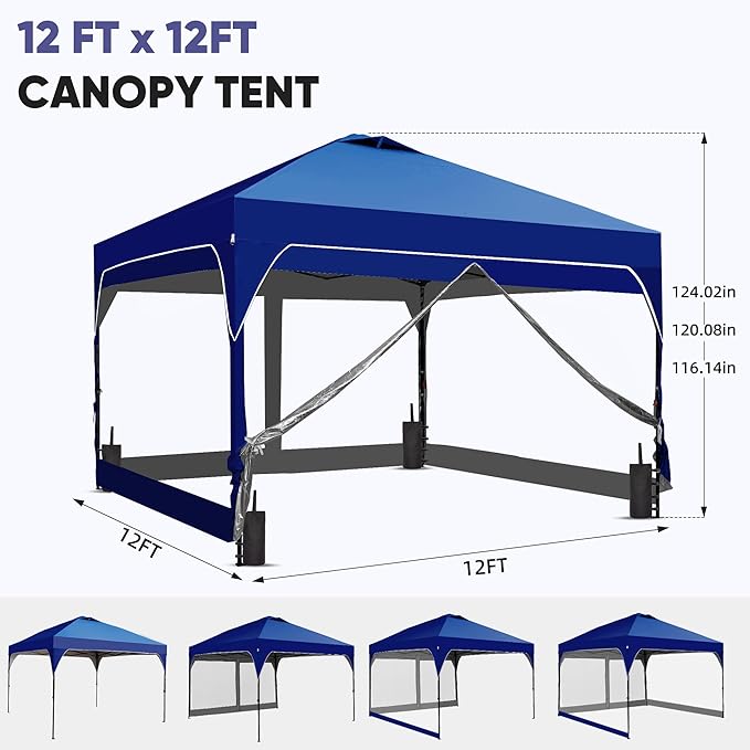 GDY 12x12 FT Pop Up Canopy Tent with One Push Setup,Setup Gazebo with 4 PVC Transparent Sidewalls,Easy Carry for Events, Parties, Camping, Navy Blue.