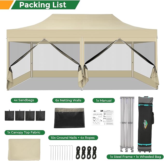 COBIZI 10x20 Heavy Duty Pop Up Canopy with 6 Sidewalls, Commercial Gazebo Party Tent with Mosquito Netting Wall Easy Set Up Outdoor Instant Screen Tent for Backyard, Patio, Garden, Khaki