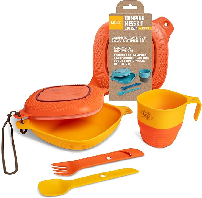 UCO 6-Piece Camping Mess Kit with Bowl, Plate, Collapsible Cup, and Switch Camping Spork