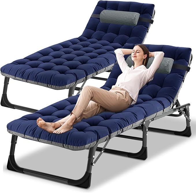 DoCred Folding Lounge Chair with Mattress, 5 Position Adjustable Folding Sleeping Bed Cot Chaise Lounge Chairs Perfect for Sunbathing, Camping, Pool, Beach, Patio