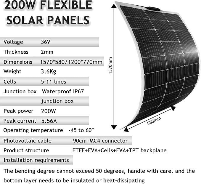 Solar Panel 150W/200W 36V Monocrystalline Lightweight Bendable Solar Panels 240° Ultra Flexible Solar Panel for Rv, Camping, Trailer, Camper, Yacht, Cabin,Tent and Other Scenes,200W