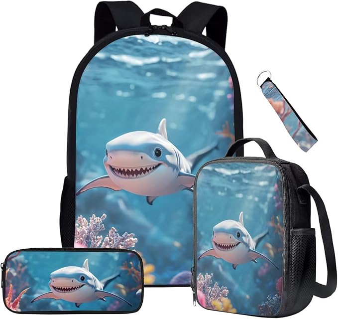 Shark Backpack for Boys With Lunchbox 3 Piece Backpack Set 17 Inch Soft Zipper Pencil Case Kindergarten Elementary Middle Travel Backpacks for Kids Mochilas Escolares Para Niños