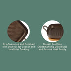 Bloomhouse - Two Time Oprah's Favorite Things Winner - Natural Bronze Finish 12" Square Cast Iron Grill Pan – Olive Oil Treated Surface w/Dual Handles & Olive Wood Trivet, Oven Grill Campfire Safe