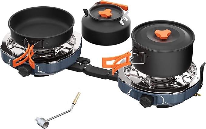 20,000 BTUs Propane 2 Burner Camping Stove Kit with Camping Cookware Overland Grey