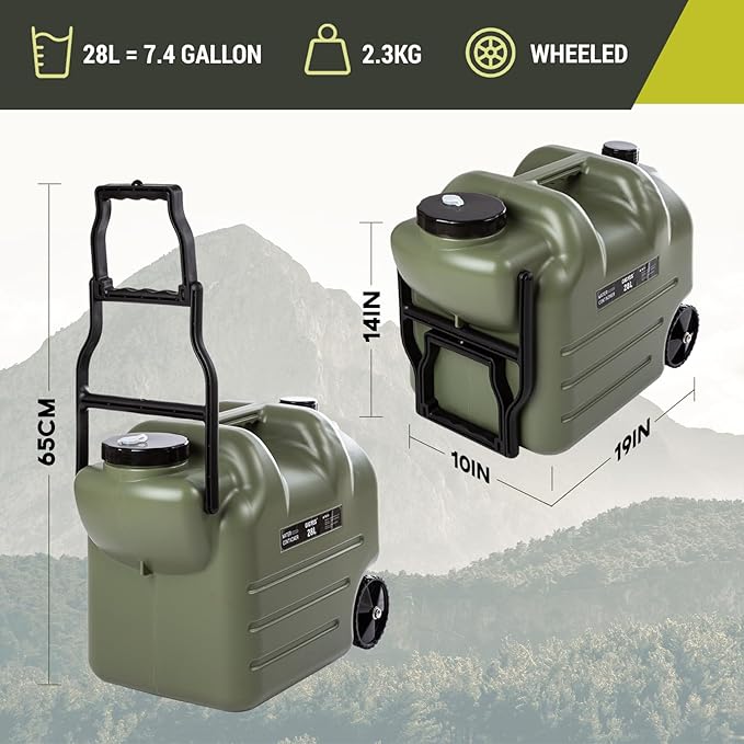 7.4 Gallon Water Jug with Wheels & Folding Handle, Rolling Wheel Water Storage Tank for Hiking Camping, Portable