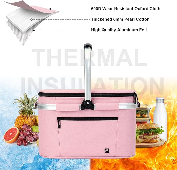 ALLCAMP Picnic Basket - Insulated Cooler, Thickening Foldable Picnic Basket with Removable Baskets & Sewn-in Frame, Basket for House Warming Gifts New Home(Pink)