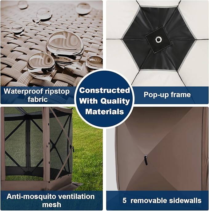 COBIZI 12x12FT Pop Up Gazebo Screen Tent Screen House for Camping, Screen Room with Mosquito Netting, Hub Tent Instant Screened Canopy with Carrying Bag and Ground Stakes, Brown