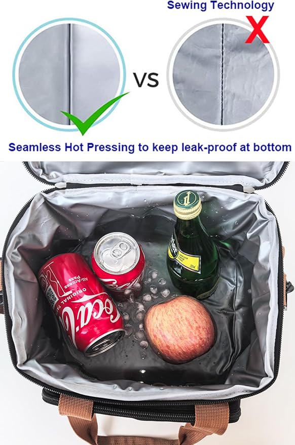 Insulated Lunch Box for Men Women Double Decker Lunch Bag Leakproof Camping Cooler Bag Durable Lunch Pail Work Beach Outdoor Trips Picnic Food & Drink Thermal Lunchbox, 14L (Black)