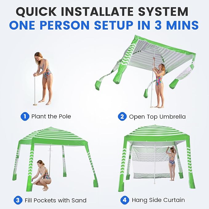 Zeraty Beach Cabana 8'×8', Portable Beach Canopy with Side Wall, Easy Pop Up UPF 50+ Silver-Coated Beach Tent Sun Shelter, Wind Resistant Adjustable Height Beach Umbrella Tent for Family, Green