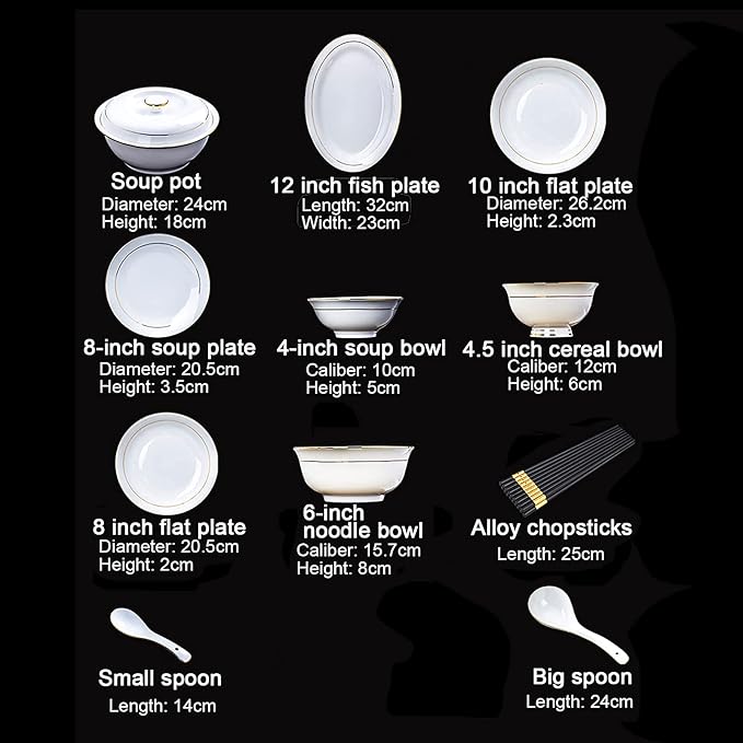 56 Pieces Dinner Set, White Porcelain Bone China Combi-Set Tableware Set with Cereal Bowl Bowls Dessert Plates Soup Plates Dinner Plates with Gold Rim Service for 10 People
