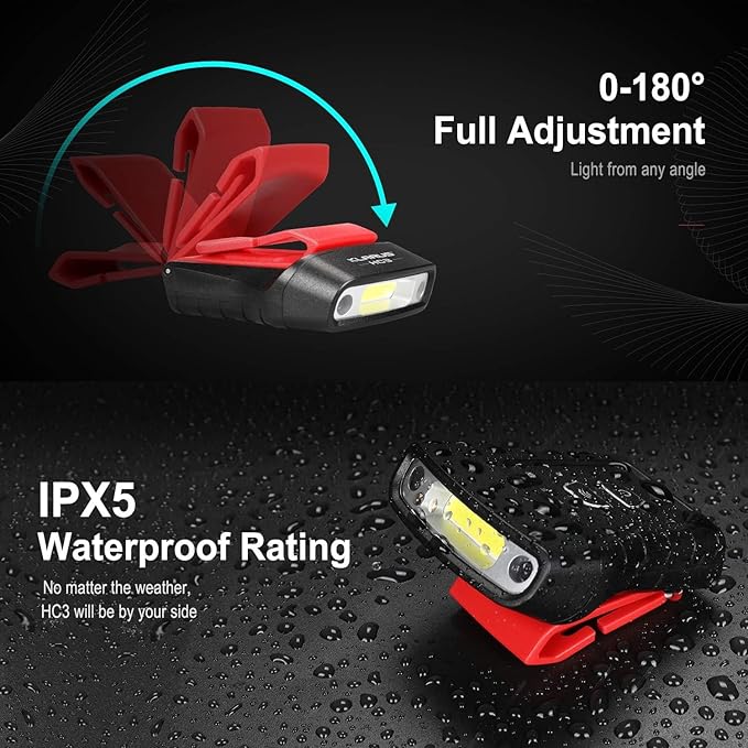 klarus HC3 2pcs Rechargeable Motion Sensor Cap Visor Light - 100 Lumens COB LED Clip on Hat Light - Headlamp Flashlight with Red Light for Fishing Running Camping Reading