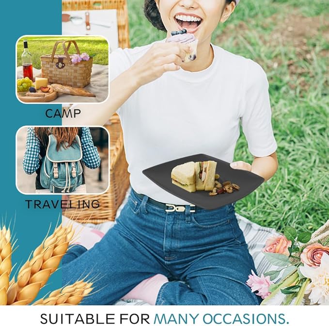 Teivio 16-piece Plastic Wheat Straw Square Dinnerware Set for 4, Unbreakable Dinner Plates, Salad Plates, Snack Bowls, Tumblers 13.5 oz, Dishwasher Safe, Coastal Multicolor
