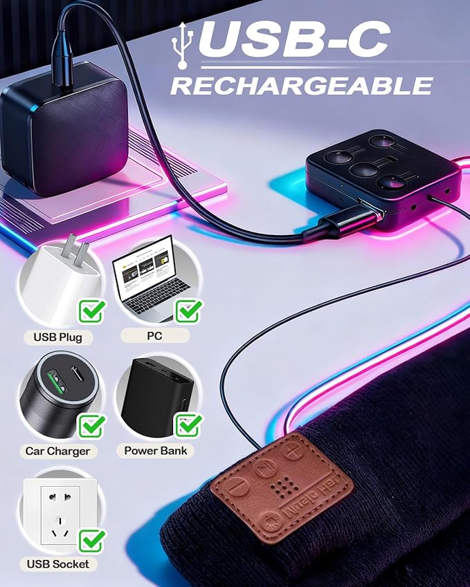 Bluetooth Beanie with Light, USB Rechargeable LED Headlamp Winter Hat, Men Women Valentine's Day Gifts