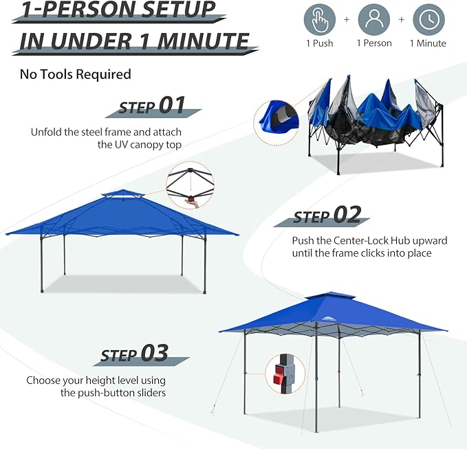 EAGLE PEAK 13x13 Straight Leg Pop Up Canopy Tent Instant Outdoor Canopy Easy Single Person Set up Folding Shelter w/Auto Extending Eaves 169 Square Feet of Shade (Blue)