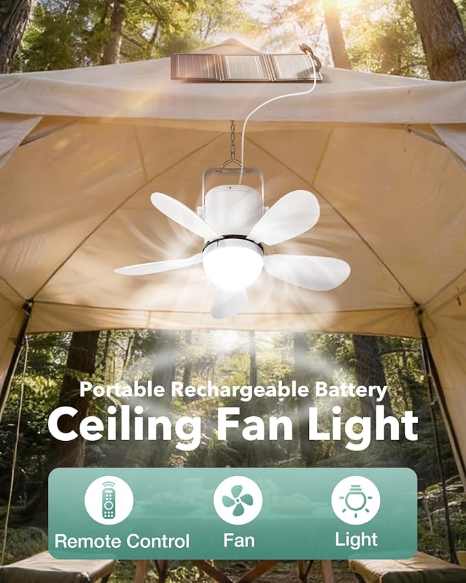 Solar Ceiling Fan Light, Battery Operated Camping Fan with Remote Contorl & 20W Portable Foldable Solar Panel, Rechargeable Gazebo Fan Light for Tent Canopy Pergola Travel