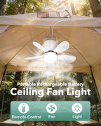 Solar Ceiling Fan Light, Battery Operated Camping Fan with Remote Contorl & 20W Portable Foldable Solar Panel, Rechargeable Gazebo Fan Light for Tent Canopy Pergola Travel