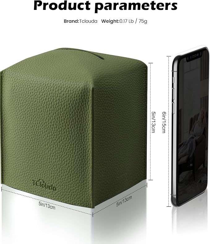 Tissue Box Cover for PU Leather, Modern Simple Solid Color Holder Square Tissue Bag, Ideal for Bathrooms,Office,Car,Nightstand,Outdoor Tent,Dining Table,5"X5"X5", Single Green