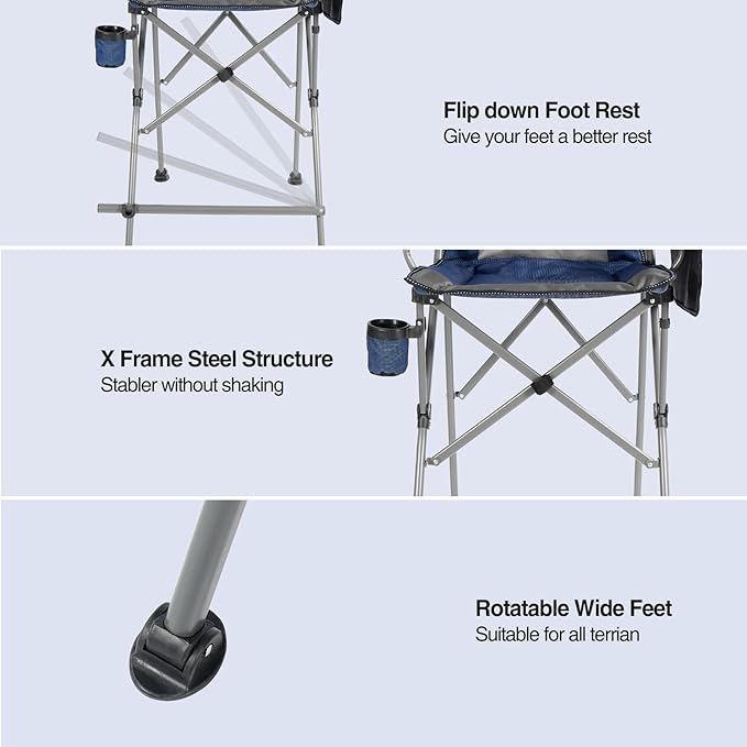 Extra Tall Folding Chairs for Adults 2 Pack, Portable Bar Height Foldable Director Chairs for Camping Outside, Comfortable with High Back and Footrest, Blue