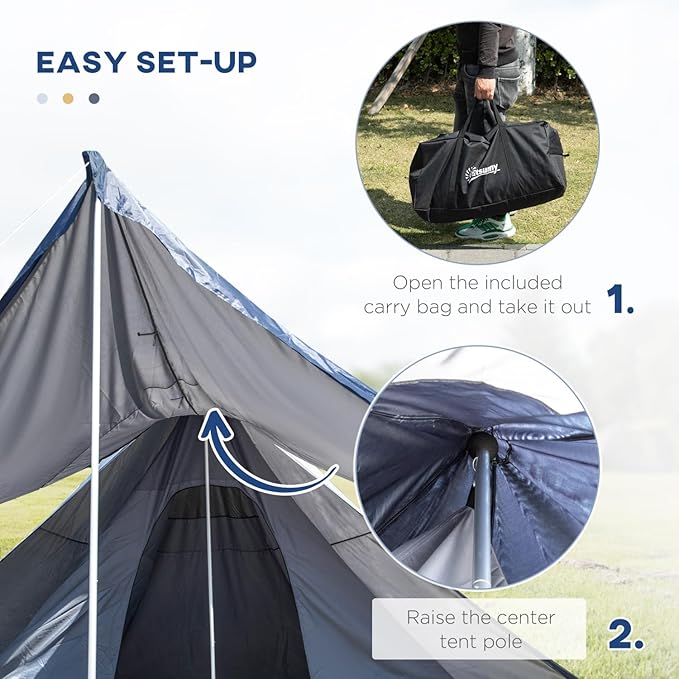 Family Teepee Tent Waterproof Camping Tent with Porch, Floor & Carry Bag for 2-3 Person Backpacking, Hiking, and Outdoor Adventures Blue