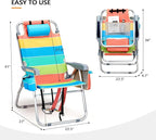VINGLI Tall Beach Chair 2 Pack Lightweight, Backpack Beach Chair for Adults with 5-Position, Cooler Bag, Cup Holders, Towel Bar, Folding Beach Camping Chairs（16“-Rainbow）