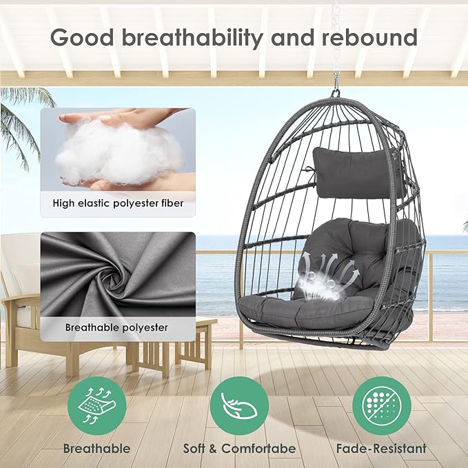 Hanging Egg Chair - Patio Rattan Wicker Swing Egg Chair Hammock Chair for Indoor Outdoor Bedroom Garden - Aluminum Steel Frame UV Resistant Cushion (Aluminum-Without Stand, Dark Grey)
