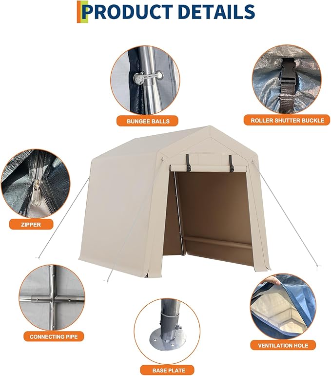 6x6FT Carport, Heavy Duty Motorcycle Shed with Waterproof PE Tarp, Portable Outdoor Storage Shed for Bikes and Firewood, All-Weather Car Shelter with Roll-Up Zipper Door, 6x6FT, Gray