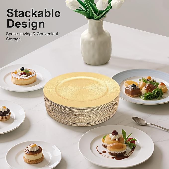 DYRABREST 50 Pcs Gold Charger Plates, 13 Inch Bulk Round Charger Plates Plastic Wedding Dinner Elegant Reusable for Table Setting Wedding Party Event Tabletop Setting Decor (Gold)