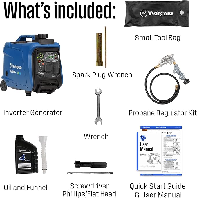 Westinghouse 4000 Peak Watt Super Quiet Dual Fuel Portable Inverter Generator, Wheel & Handle Kit, Gas & Propane Powered, RV Ready, CO Sensor, Parallel Capable