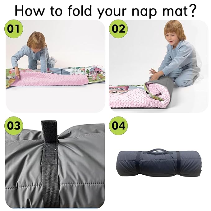 Custom Toddler Nap Mat for Preschool, Personalized Name Kids Sleeping Bag with Animal House Design for Daycare, Roll Up Sleeping Mat with Removable Pillow and Soft Dot Minky Blanke for Girls Camping