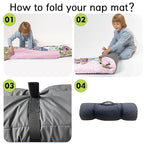 Custom Toddler Nap Mat for Preschool, Personalized Name Kids Sleeping Bag with Animal House Design for Daycare, Roll Up Sleeping Mat with Removable Pillow and Soft Dot Minky Blanke for Girls Camping