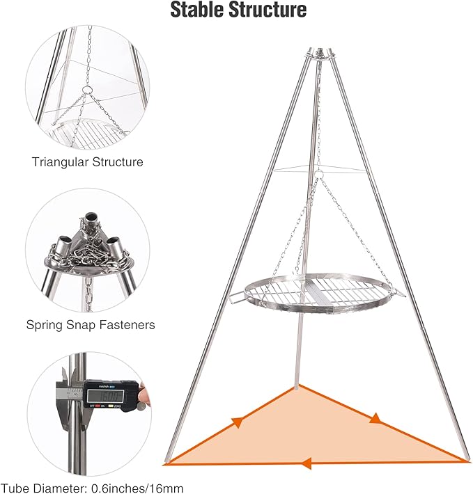Lineslife Campfire Tripod Grill for Cooking, Durable Stainless Steel Camping Fire Tripod Grill with Round Grate and Carrying Bag for Outdoor BBQ, Silver