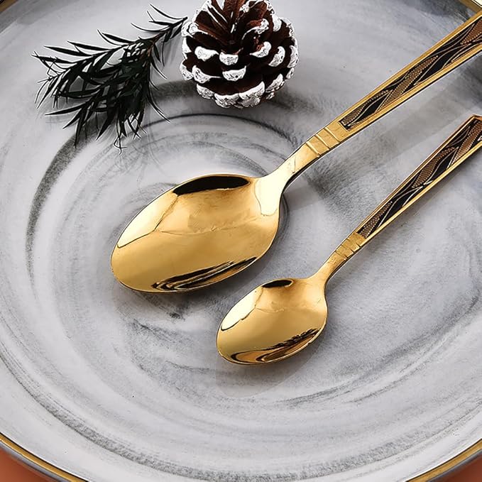 Gold Carved Handle Kitchen Utensils Set for 16 Personer Silverware Set Spoons and Forks Set Flatware Set Mirror Effect Cutlery, Integral Molding for Daily Household Use & Camping, 64-Pcs