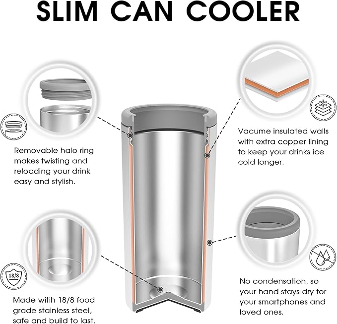 TILUCK Skinny Can Cooler for Slim Beer & Hard Seltzer, Stainless Steel, Doucle-Walled Stainless Steel Insulated Slim Cans, Standard 12 oz (Glitter Coral)