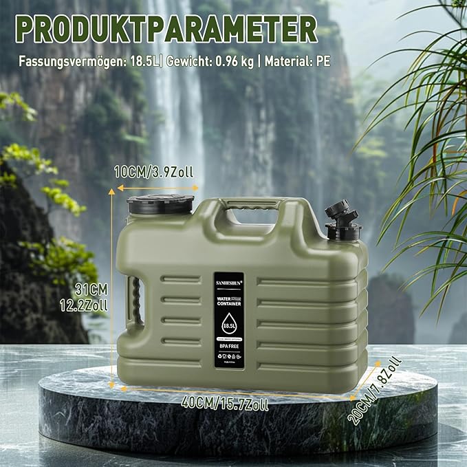 5 Gallon Water Jug,18.5L Portable Water Container with Spigot, Cleaning Brush, Detachable Hose & Extra Lid, Dual Handles Design, BPA-Free Camping Hydration Canteen, Outdoor Tank Storage PE - Green