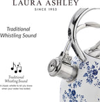 Laura Ashley China Rose Stovetop Kettle with Whistle - 2.5L Fast Boil Stainless Steel Kettle Stove Top - Silicon Coated Cool Handle Camping Kettle for Gas, Induction Hob - Compatible with Aga Stove